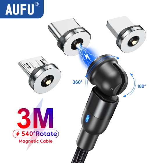 AUFU 540 Rotate Magnetic Type C Cable 3 in 1 Fast Charging Cable For iPhone Xiaomi Samsung Huawei Micro USB Magnet Charge Wire