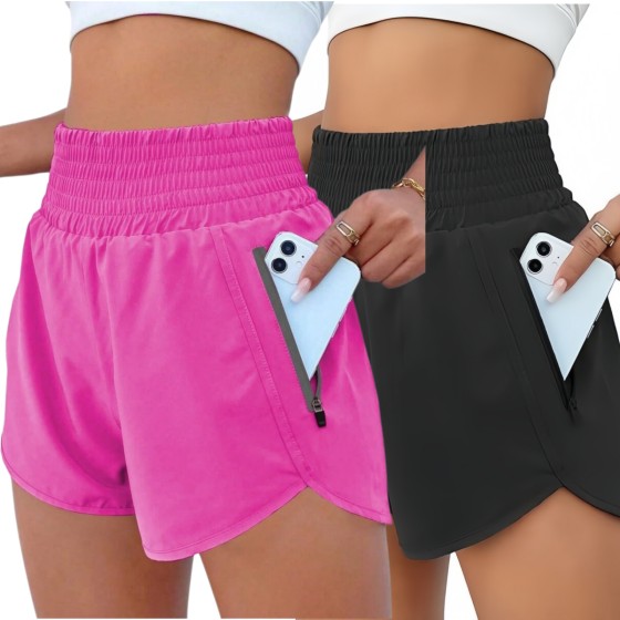 2PCS High Waisted Running Yoga Shorts with Built-in Lining for Women, Anti-Slip Boxer Jogger Shorts with Pocket