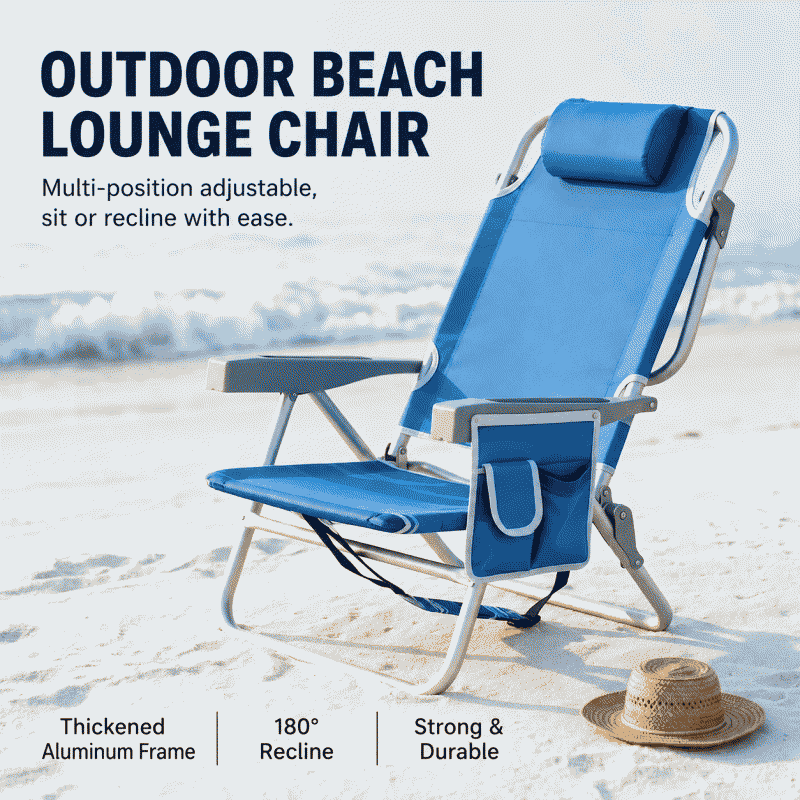 Outdoor camping dedicated folding portable beach chair with multiple positions, recliner, both sitting and reclining functions, and an ice pack
