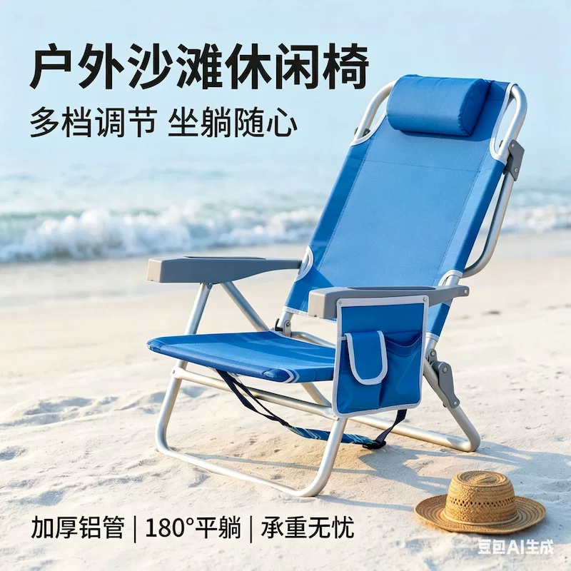 Outdoor camping dedicated folding portable beach chair with multiple positions, recliner, both sitting and reclining functions, and an ice pack