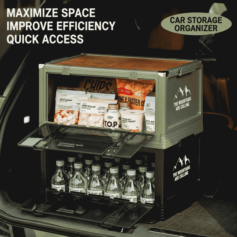 Outdoor camping box, camping car trunk organizer, travel essential, wooden lid, foldable, stackable, thick storage box, plastic