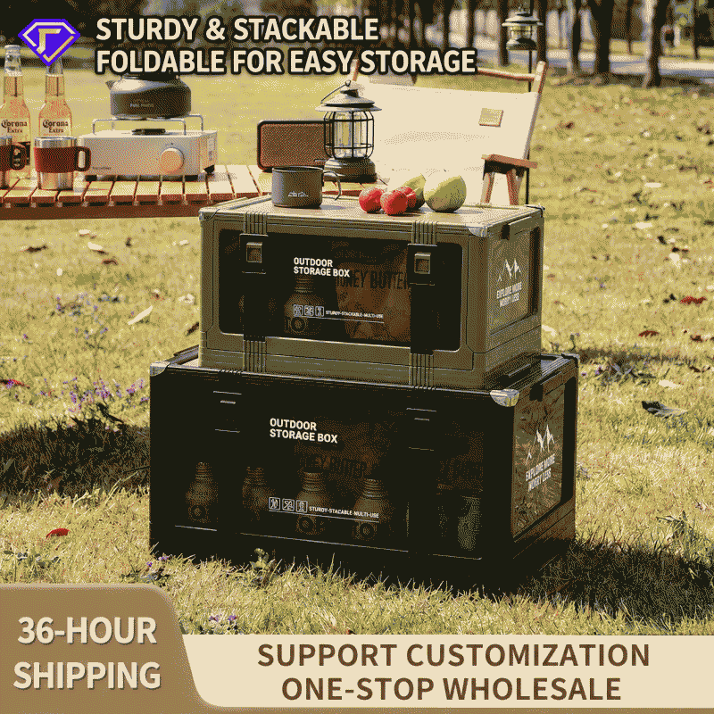 Outdoor camping box, camping car trunk organizer, travel essential, wooden lid, foldable, stackable, thick storage box, plastic