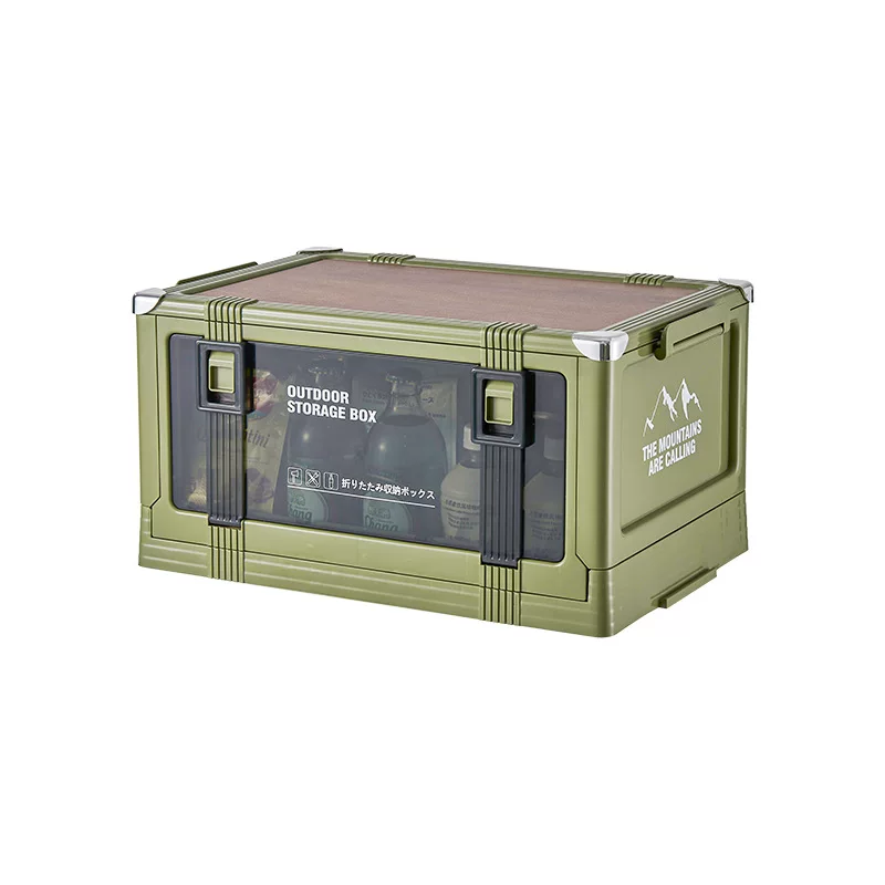 Outdoor camping box, camping car trunk organizer, travel essential, wooden lid, foldable, stackable, thick storage box, plastic