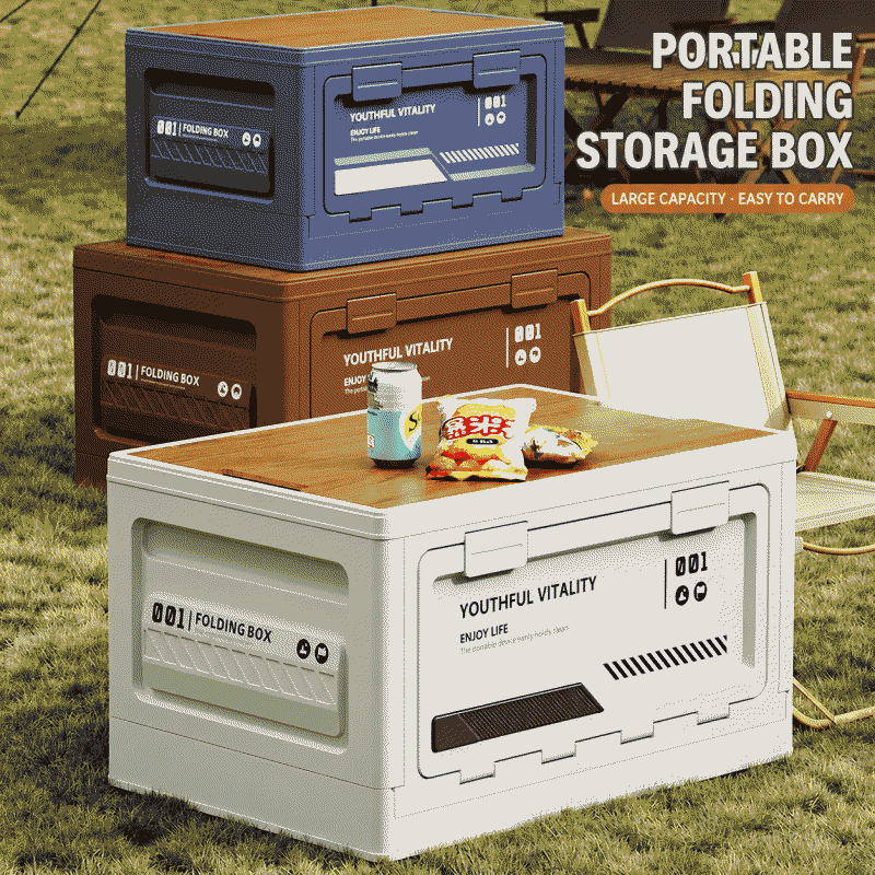 Outdoor camping storage box with side opening, camping wooden lid, folding box, car trunk storage box, plastic storage box