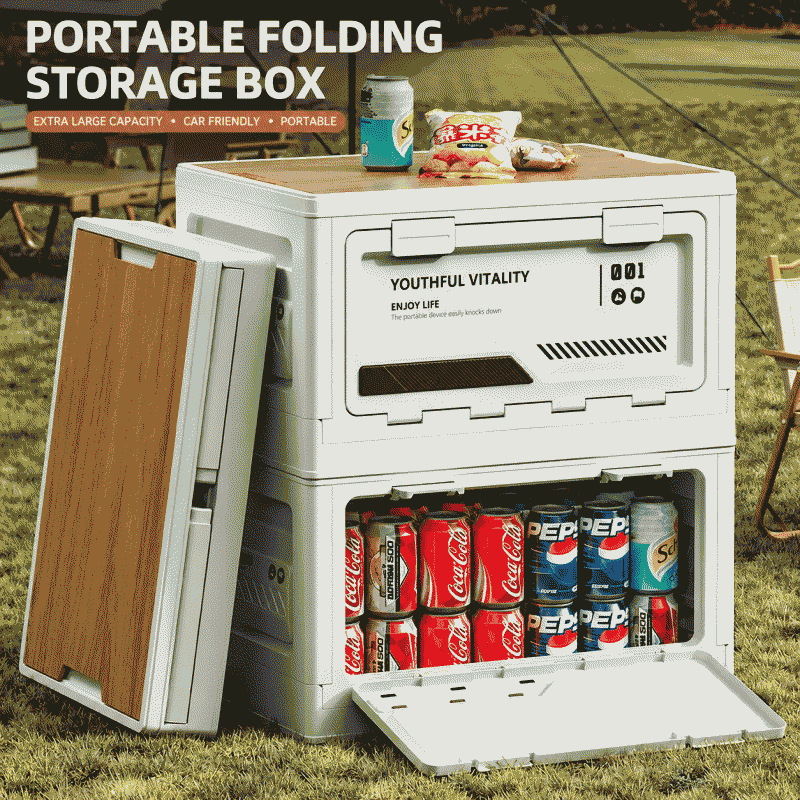 Outdoor camping storage box with side opening, camping wooden lid, folding box, car trunk storage box, plastic storage box