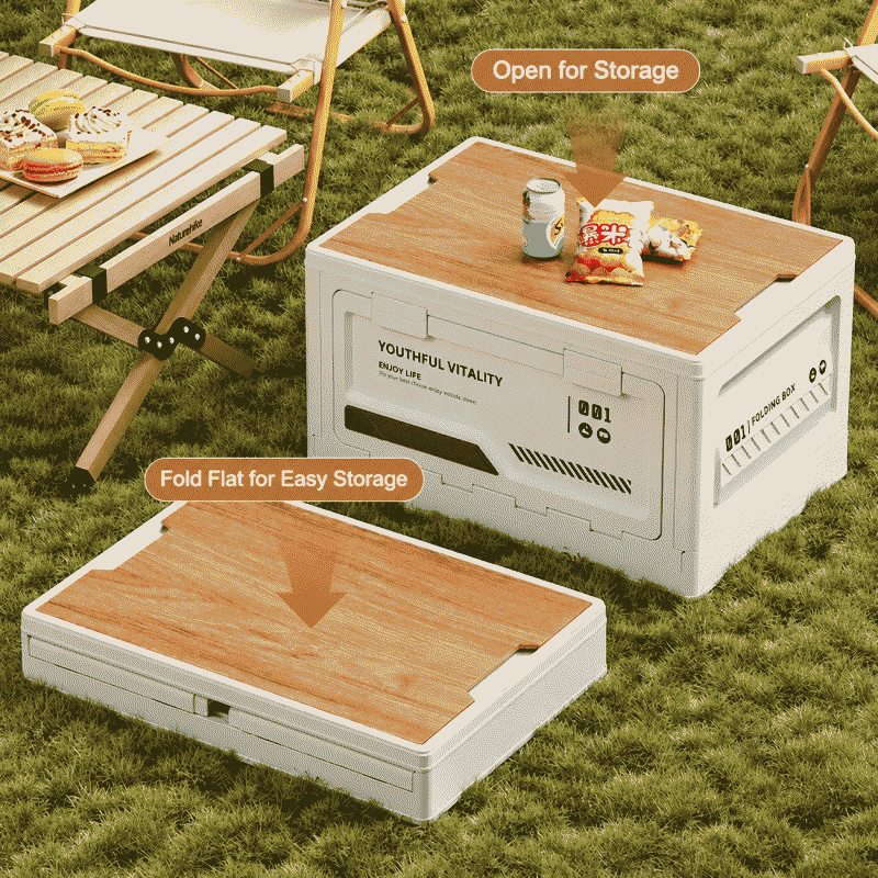 Outdoor camping storage box with side opening, camping wooden lid, folding box, car trunk storage box, plastic storage box