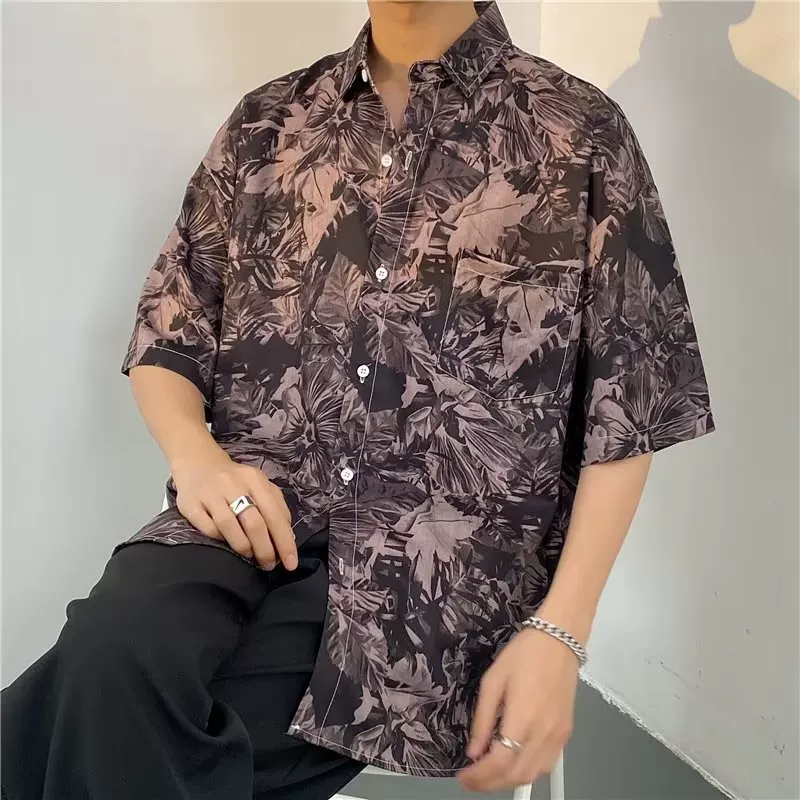 夏威夷街头复古水墨花卉满印短袖衬衫男潮牌bf慵懒风休闲花衬衣