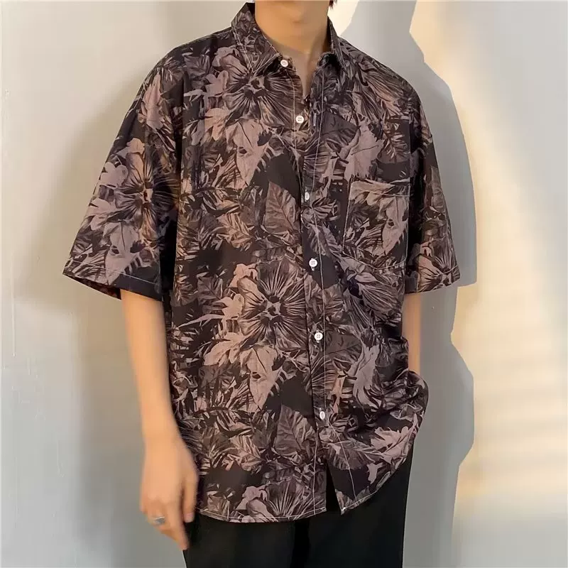 夏威夷街头复古水墨花卉满印短袖衬衫男潮牌bf慵懒风休闲花衬衣