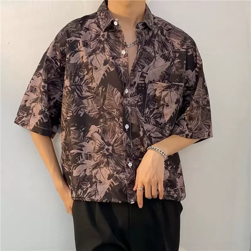 夏威夷街头复古水墨花卉满印短袖衬衫男潮牌bf慵懒风休闲花衬衣