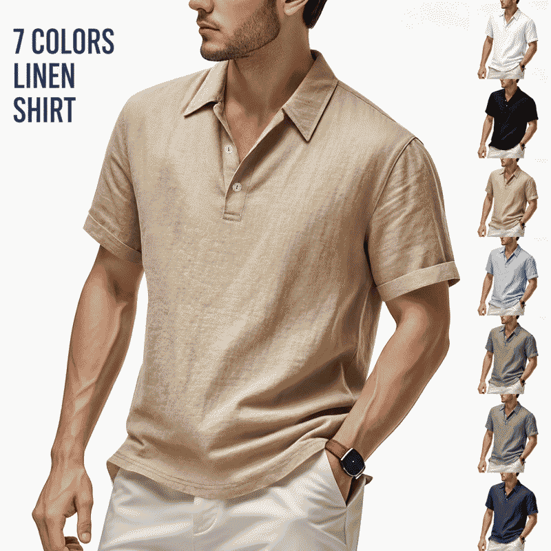 European and American summer men's British pure color casual breathable loose linen lapel POLO shirt short-sleeved shirt