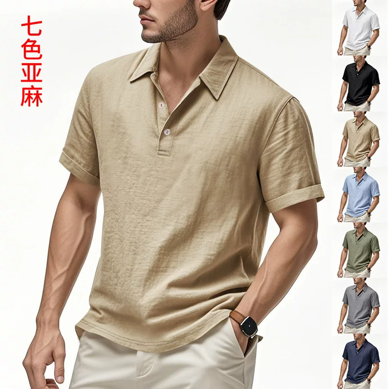 欧美跨境夏季男英伦纯色休闲透气宽松亚麻翻领POLO衫外贸短袖衬衫