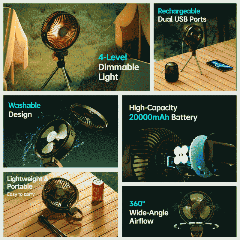K18 outdoor camping fan, portable tent ceiling fan, USB charging hanging stand, camping tripod, outdoor fan