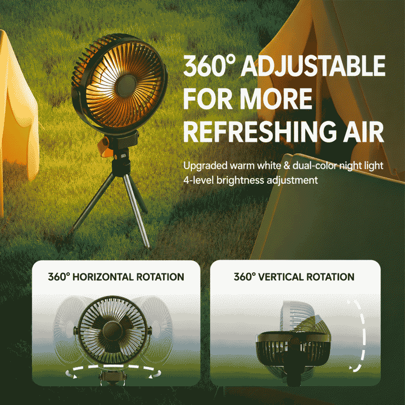 K18 outdoor camping fan, portable tent ceiling fan, USB charging hanging stand, camping tripod, outdoor fan
