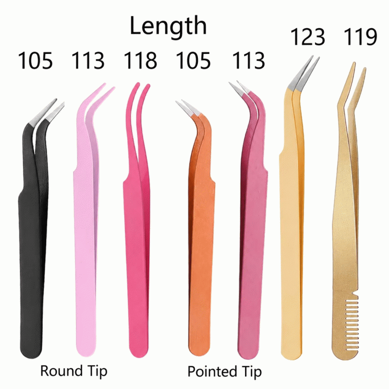 Basic stainless steel pointed tweezers for false eyelashes, 113mm in length, with good gripping force for eyelash curlers