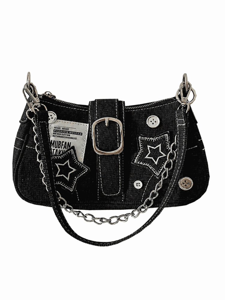 y2k Millennium Star Denim Crossbody Bag with Button Decoration, Fashionable Trendy Niche Design, Embroidery, Canvas Handbag