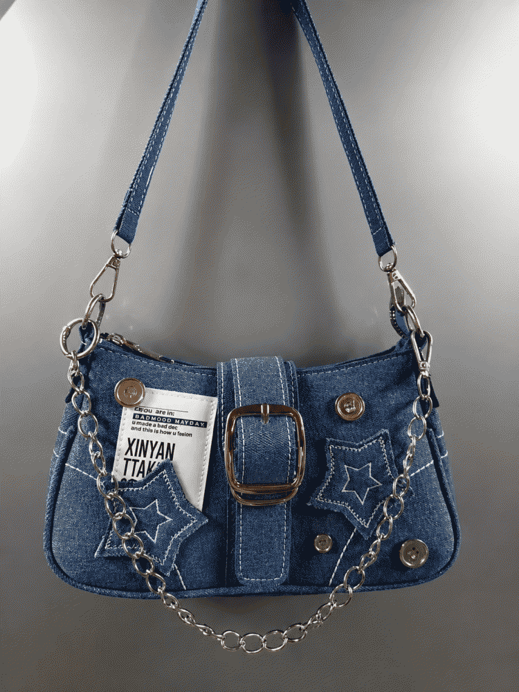 y2k Millennium Star Denim Crossbody Bag with Button Decoration, Fashionable Trendy Niche Design, Embroidery, Canvas Handbag