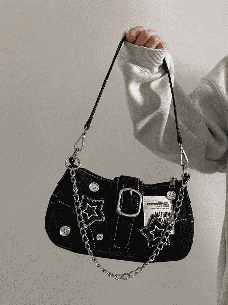 y2k Millennium Star Denim Crossbody Bag with Button Decoration, Fashionable Trendy Niche Design, Embroidery, Canvas Handbag