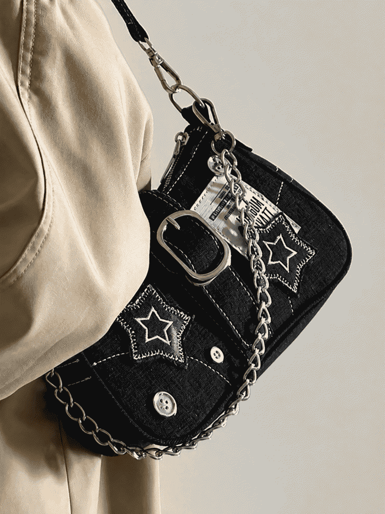 y2k Millennium Star Denim Crossbody Bag with Button Decoration, Fashionable Trendy Niche Design, Embroidery, Canvas Handbag