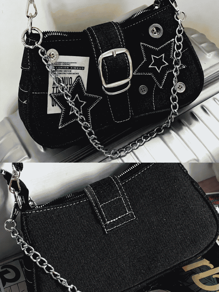y2k Millennium Star Denim Crossbody Bag with Button Decoration, Fashionable Trendy Niche Design, Embroidery, Canvas Handbag