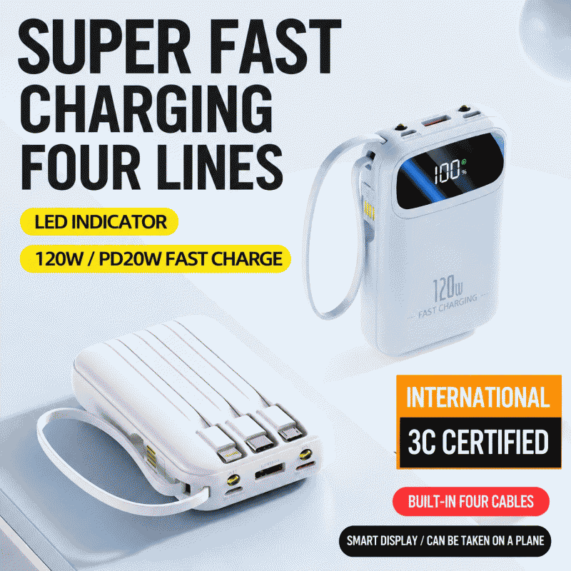 National standard 3C certified power bank, 20000mAh, portable, 120W super fast charging, mobile power supply, large capacity