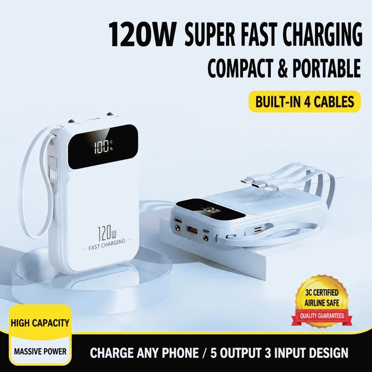 National standard 3C certified power bank, 20000mAh, portable, 120W super fast charging, mobile power supply, large capacity