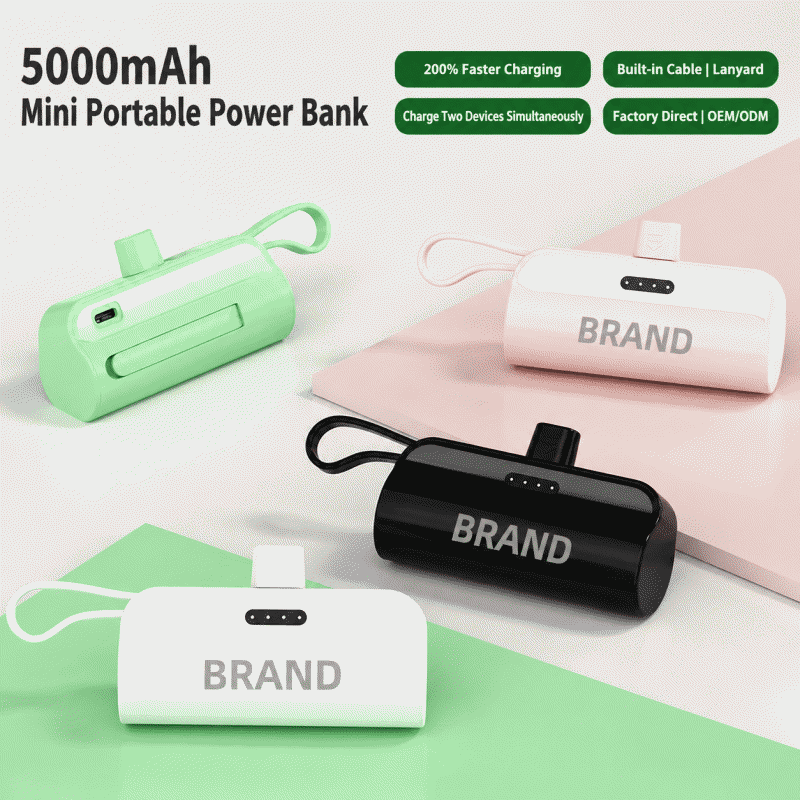 Mini capsule charging treasure with built-in cable, mobile, compact and portable 5000mAh mobile power bank