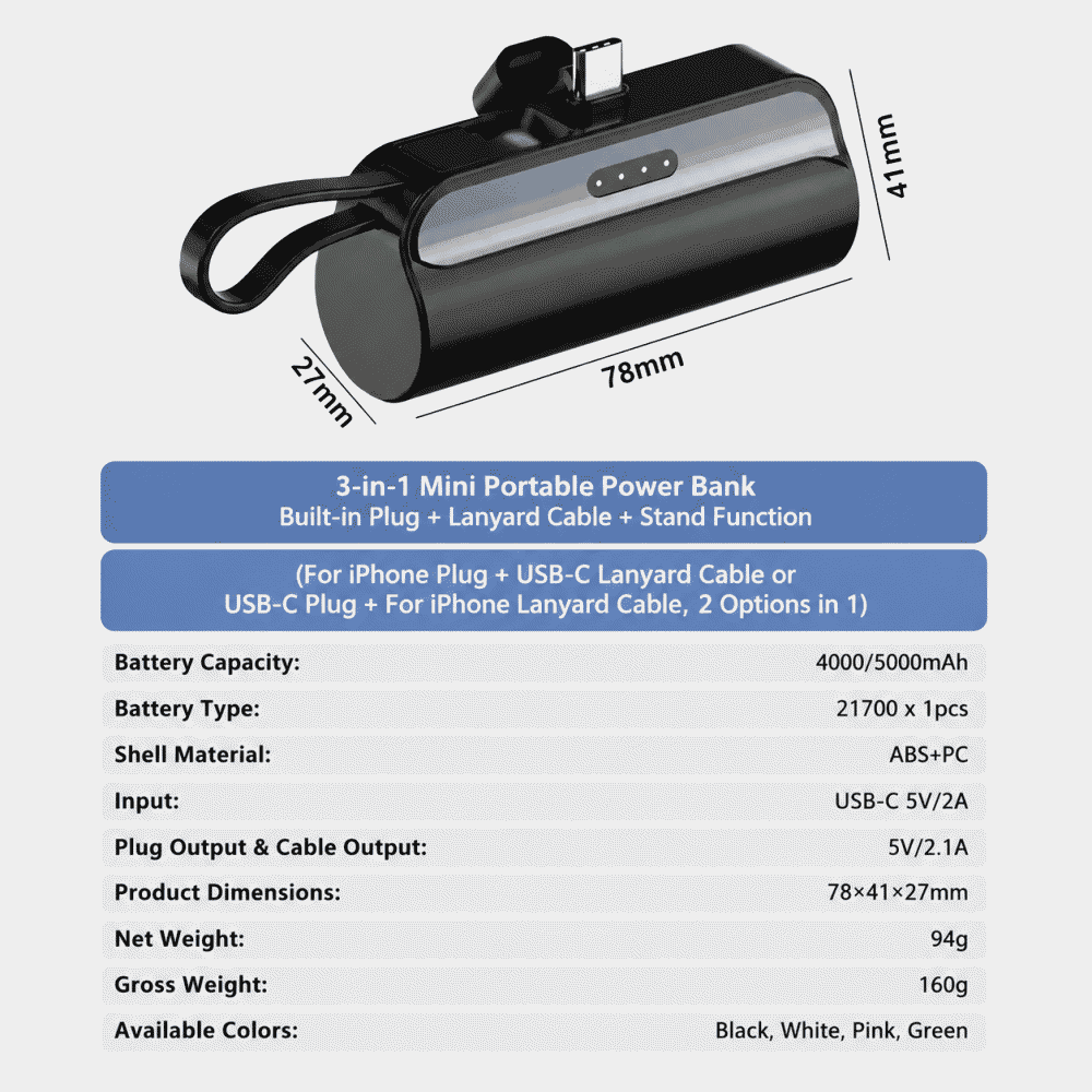 Mini capsule charging treasure with built-in cable, mobile, compact and portable 5000mAh mobile power bank