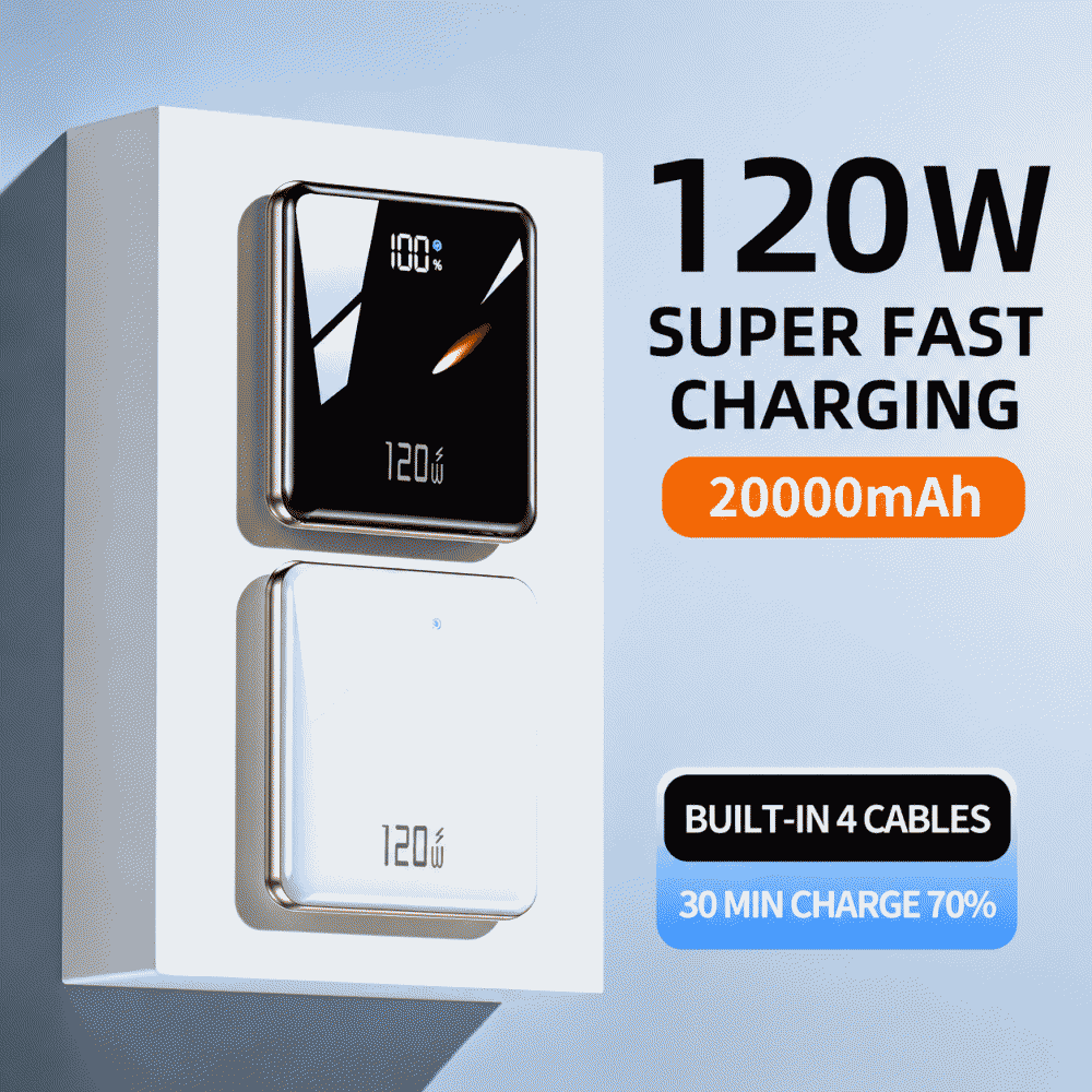 3C certified 120W super fast charging power bank with 20000mAh capacity, comes with a cable, large capacity, compact and portable mobile power supply