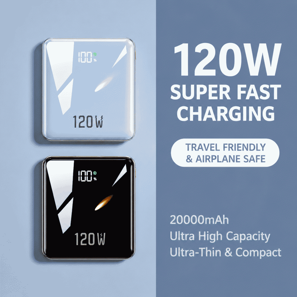 3C certified 120W super fast charging power bank with 20000mAh capacity, comes with a cable, large capacity, compact and portable mobile power supply