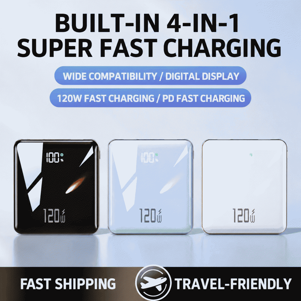 3C certified 120W super fast charging power bank with 20000mAh capacity, comes with a cable, large capacity, compact and portable mobile power supply