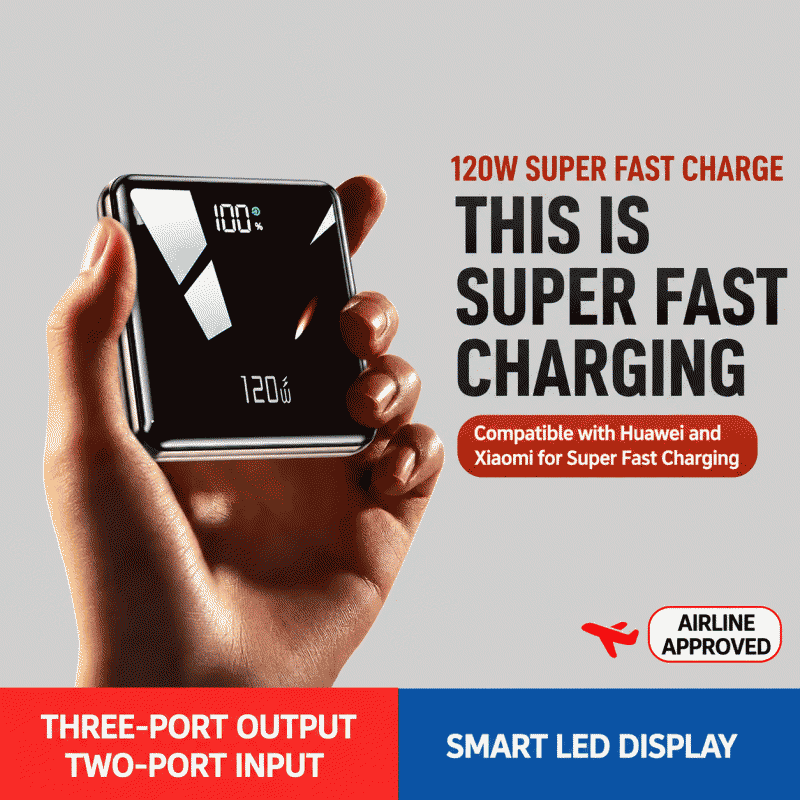 3C certified 120W super fast charging power bank with 20000mAh capacity, comes with a cable, large capacity, compact and portable mobile power supply