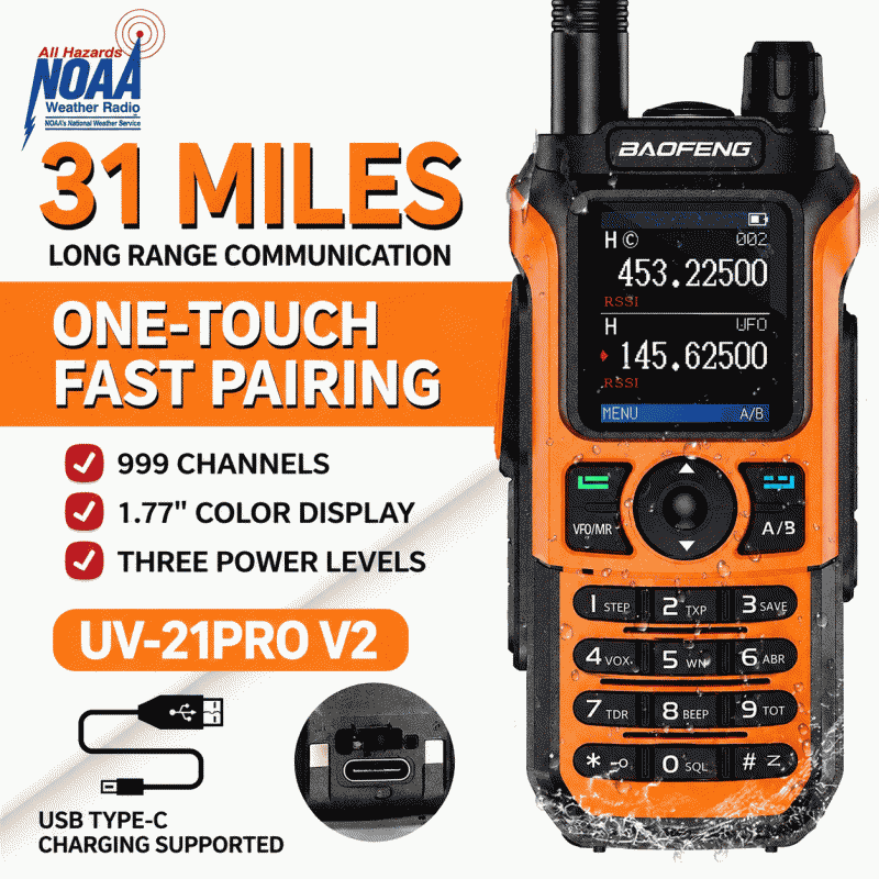 Baofeng UV-21 PRO V2 walkie-talkie with one-click frequency matching, Type-C direct charging, and three frequency bands for self drive travel