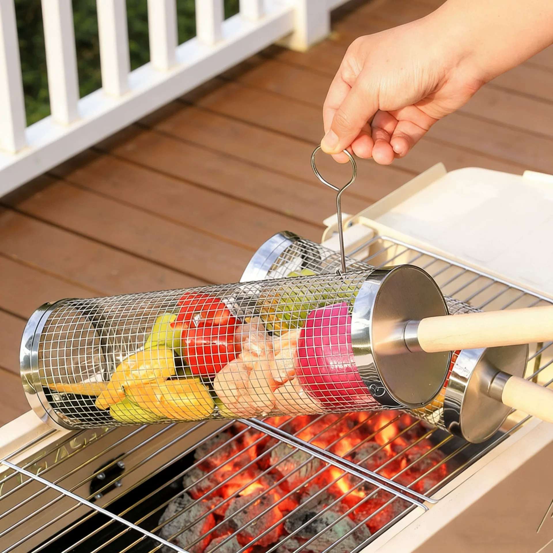Cross-border rolling wooden handle barbecue cage, stainless steel round barbecue cylinder, outdoor barbecue rack, portable barbecue basket, barbecue net
