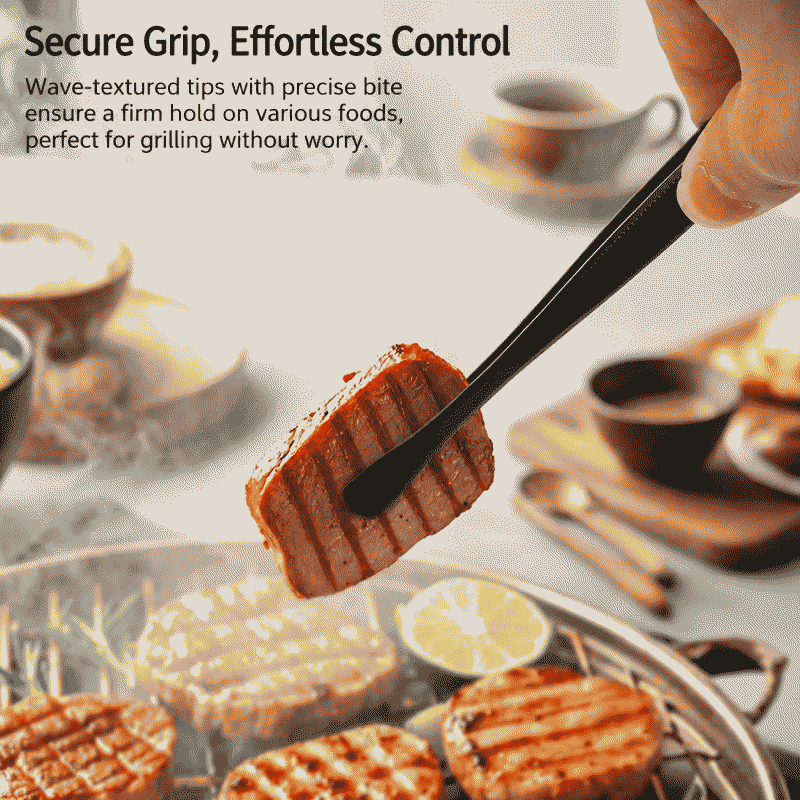 Black BBQ tongs, stainless steel tweezers, Korean BBQ meat placement, buffet, chef's food tongs