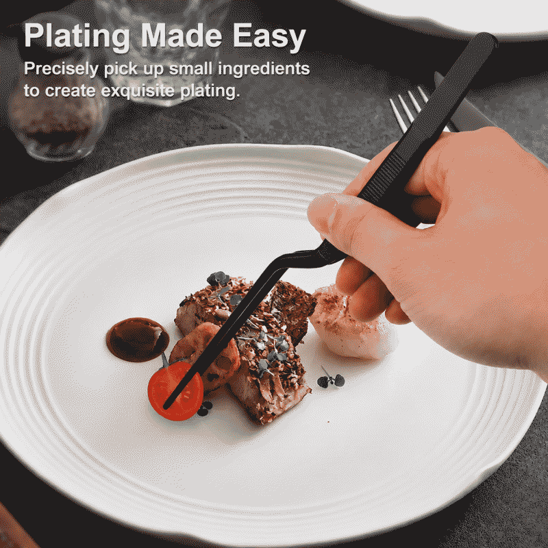 Black BBQ tongs, stainless steel tweezers, Korean BBQ meat placement, buffet, chef's food tongs