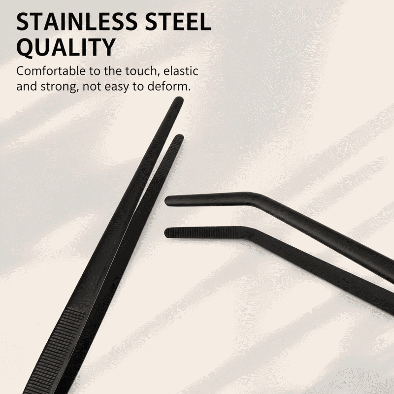 Black BBQ tongs, stainless steel tweezers, Korean BBQ meat placement, buffet, chef's food tongs
