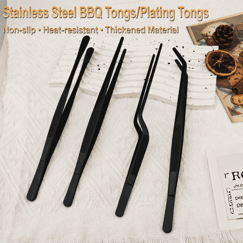 Black BBQ tongs, stainless steel tweezers, Korean BBQ meat placement, buffet, chef's food tongs