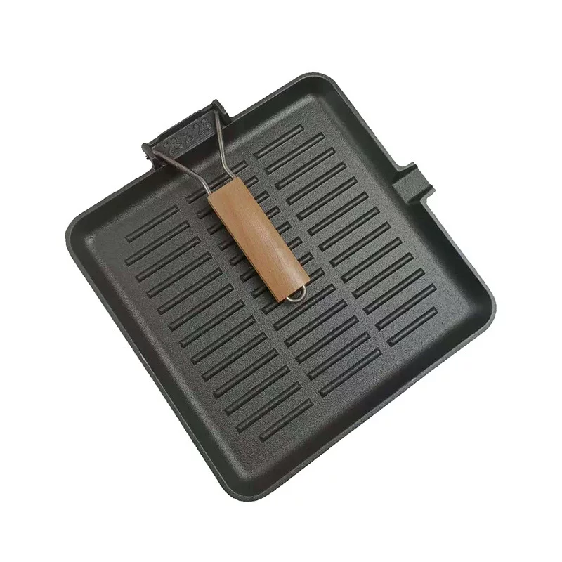 Flat-bottomed cast-iron steak frying pan, folding handle thickened, barbecue and fish frying pan, striped meat frying pan, induction cooker universal