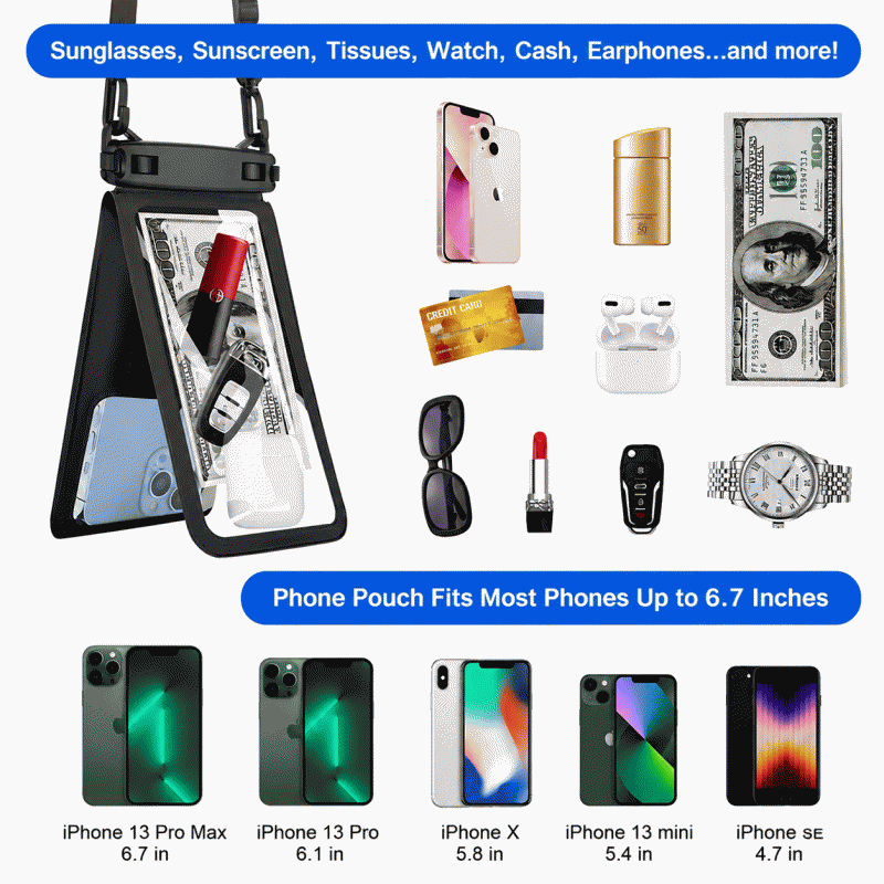 IPX8 dual-capacity phone waterproof bag, capable of holding 2 phone pockets, suitable for swimming, diving, and rafting