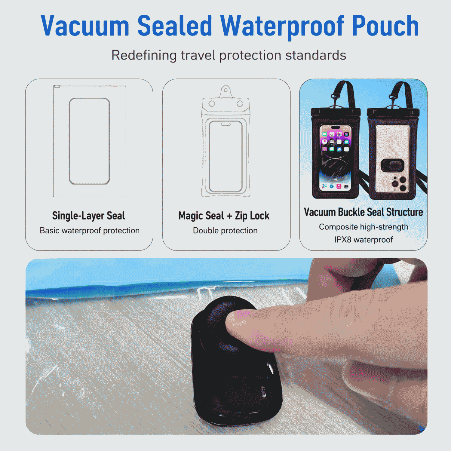 Vacuum phone waterproof bag allows touch screen operation, suitable for swimming, diving, surfing, river tracing, and rafting, providing outdoor phone waterproof protection
