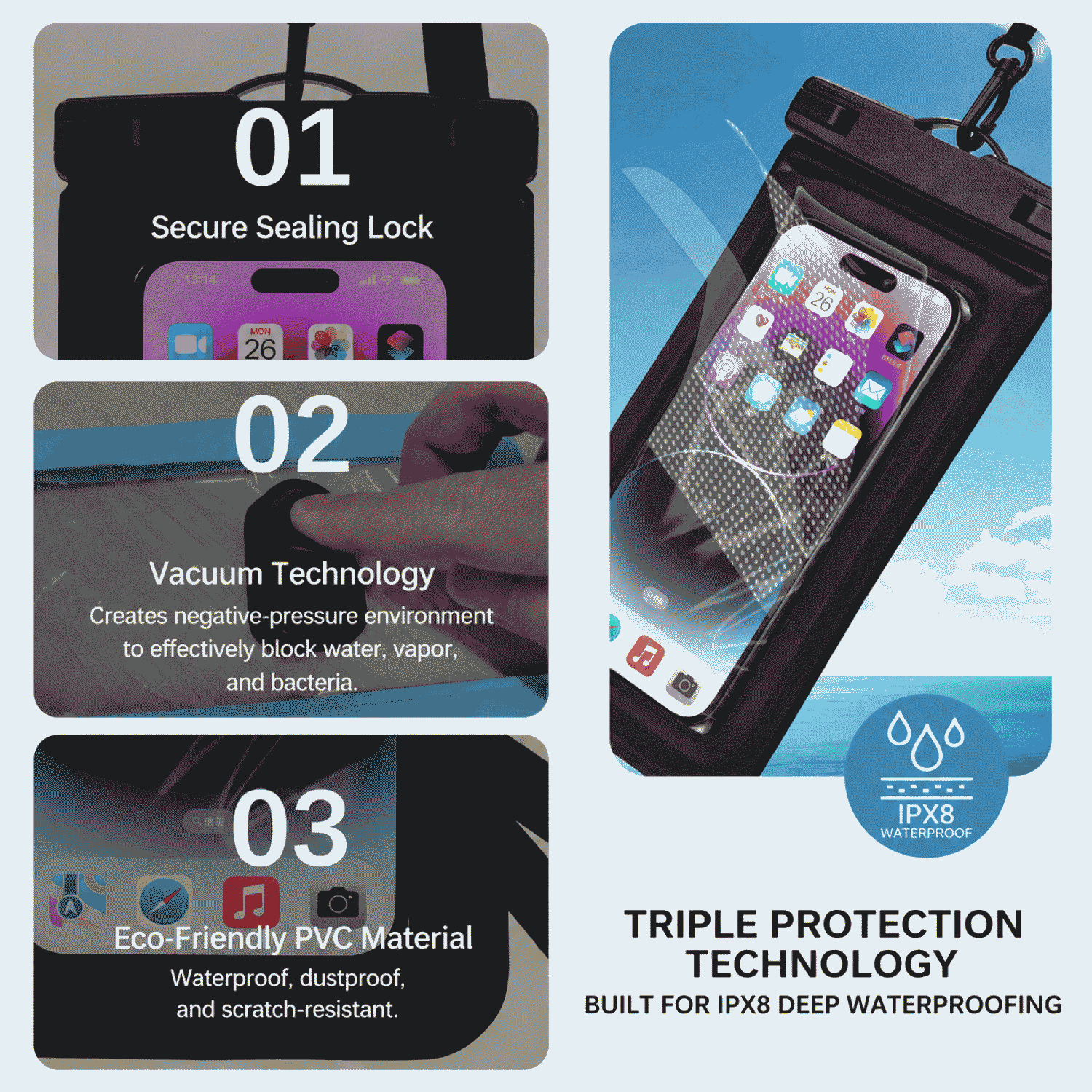 Vacuum phone waterproof bag allows touch screen operation, suitable for swimming, diving, surfing, river tracing, and rafting, providing outdoor phone waterproof protection