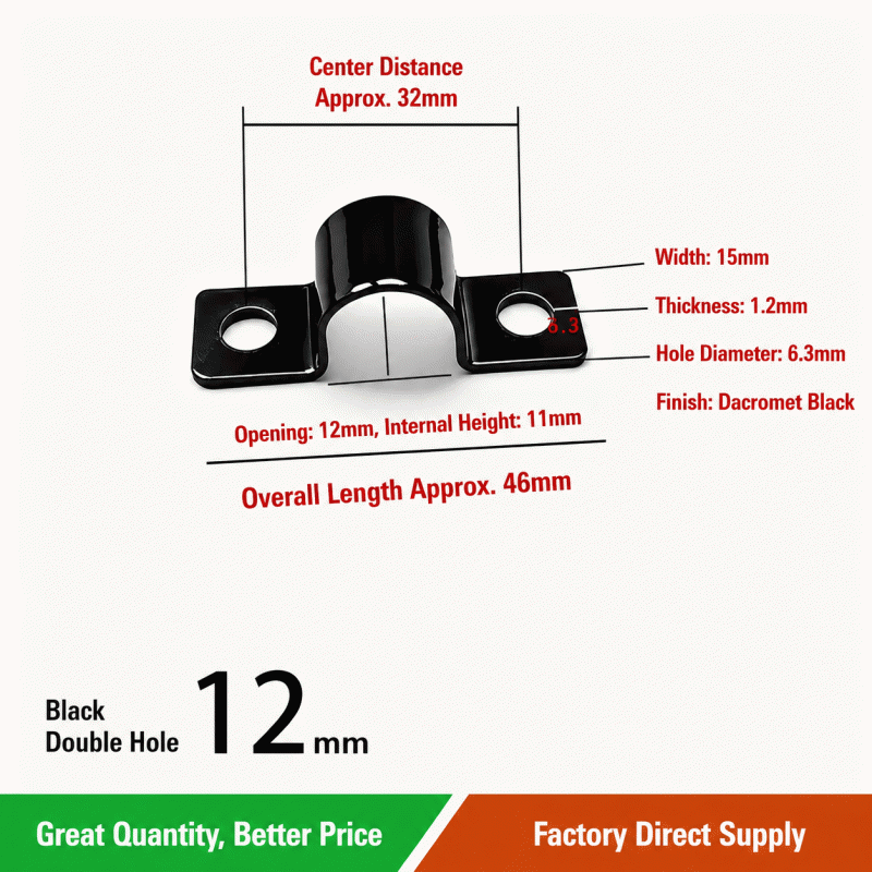 Black riding horse card double-hole pipe clamp, PC oil pipe cable fixing clip, bilateral bridge type U-shaped hose water pipe clamp