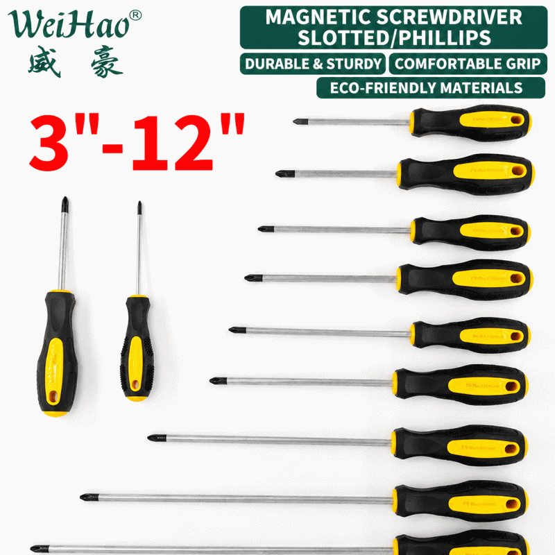 Industrial-grade Phillips screwdriver with magnetic extension, slotted screwdriver, magnetic screwdriver, rubber handle screwdriver, metric system