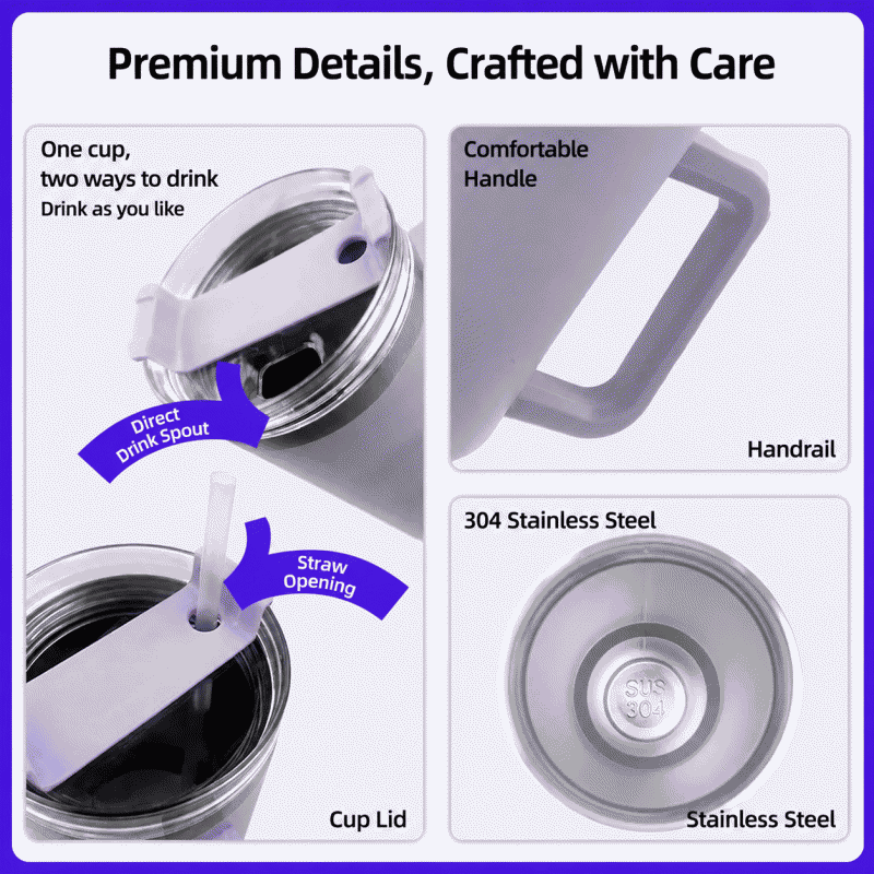Second-generation vacuum cup, large capacity, straw, portable, 304 stainless steel, car cup, cold insulation, ice-cool cup