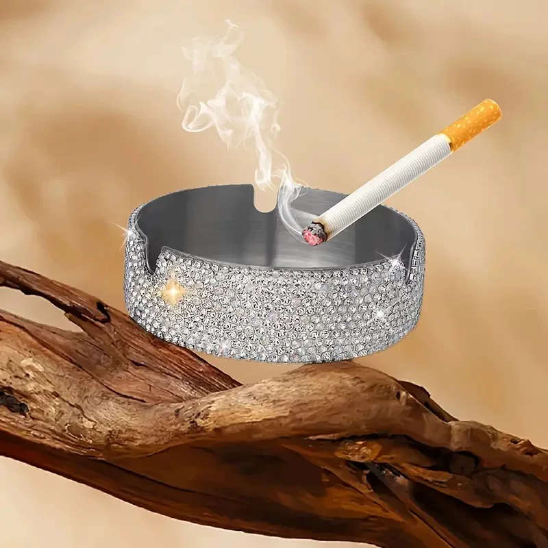 Cross-border best-selling ashtray, diamond-encrusted multi-functional home and office stainless steel ashtray, light luxury and creative ashtray
