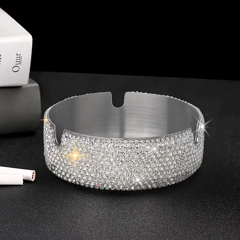 Cross-border best-selling ashtray, diamond-encrusted multi-functional home and office stainless steel ashtray, light luxury and creative ashtray