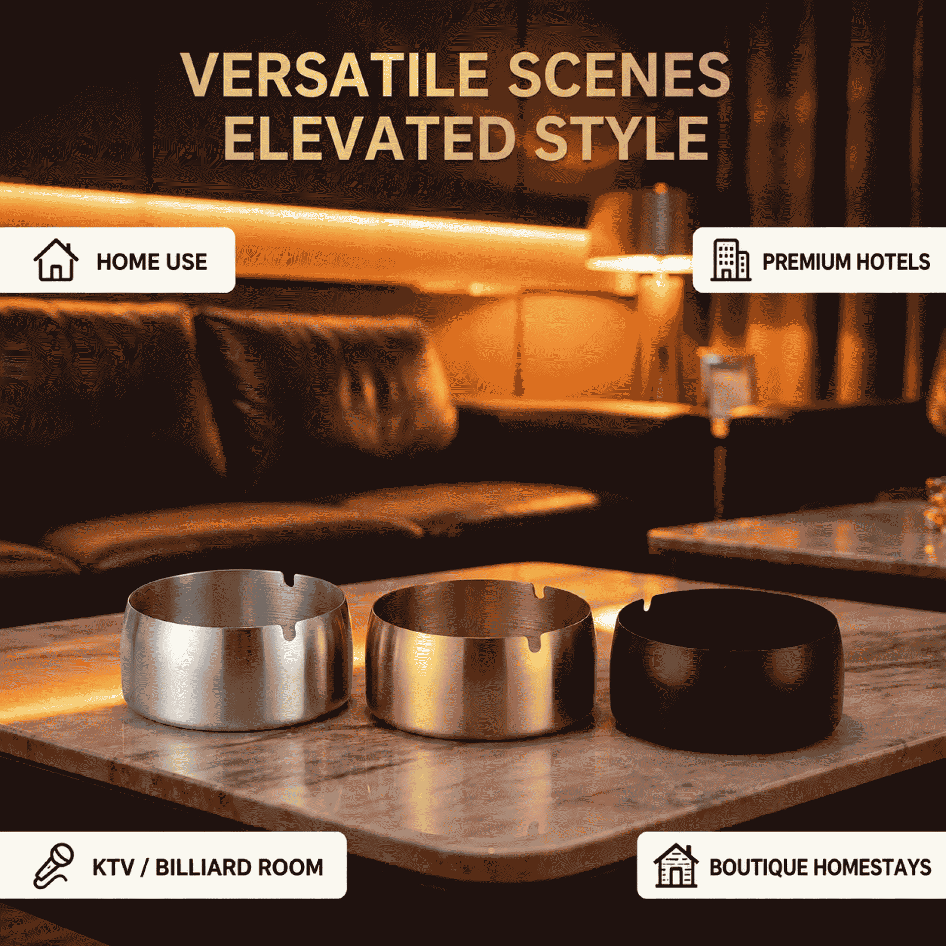 Dedicated stainless steel ash tray, windproof and dustproof, gold color, household use, multiple specifications