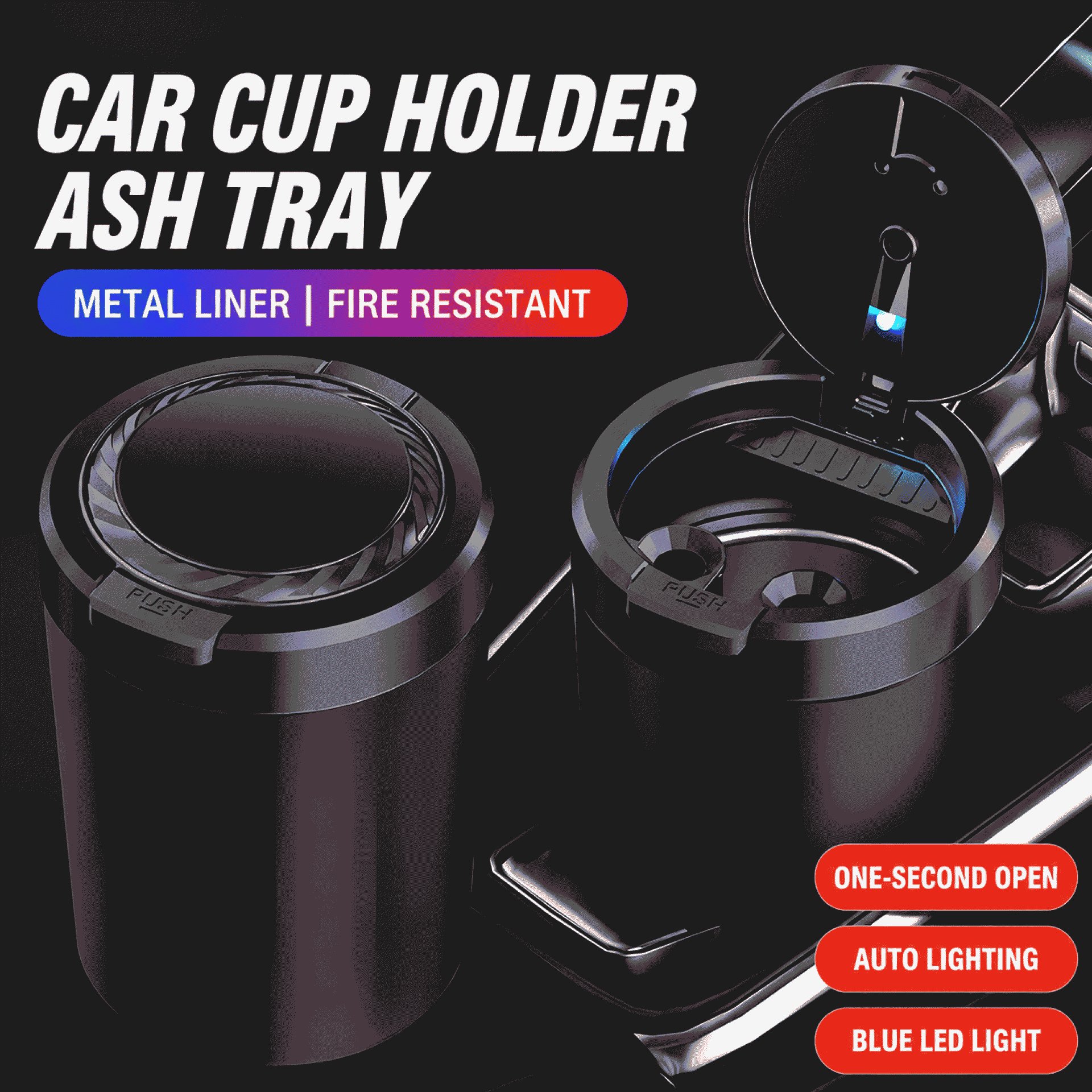 Car ashtray with ash prevention, flying ash prevention, multi-function, automatic lid opening, smoke extinguishing, ash collection, sealing, portable, and high-end feel, an automotive accessory