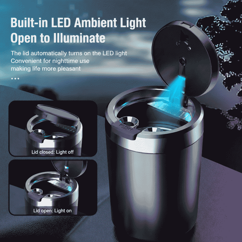 Car ashtray with ash prevention, flying ash prevention, multi-function, automatic lid opening, smoke extinguishing, ash collection, sealing, portable, and high-end feel, an automotive accessory