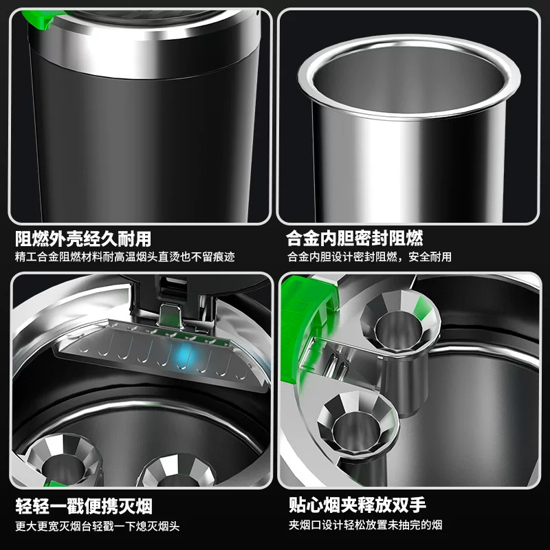 A multi-functional automatic lid opening, smoke extinguishing, dust collection and sealing portable and high-end automotive product for car ashtrays to prevent dust from flying